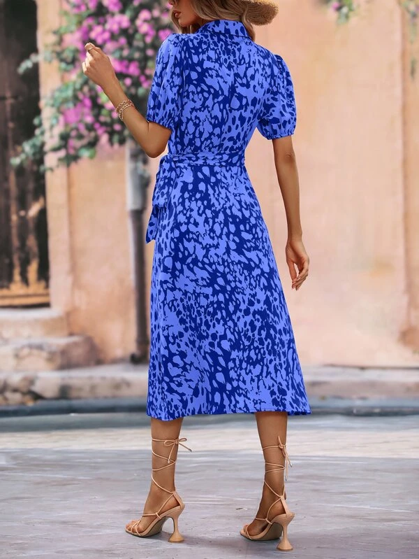 Azure Blue Rochie portofel tipărit Puff Sleeve Bow